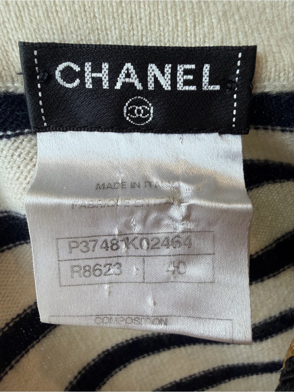 CHANEL 100% Cashmere CC Button Chain Shoulder Breton Sweater FR 40 US 8 - Picture 13 of 15